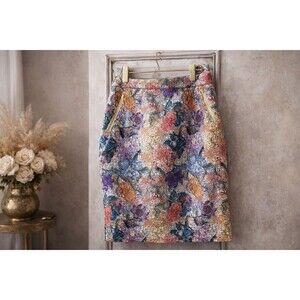 H&M Jacquard Floral Pencil Skirt Women’s 10 Gold Zip Pockets Brocade Party Vibes